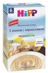 Хипп каша молочная 5 злаков с черносливом с пребиотиками  с 6 мес 250г