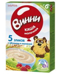 Винни каша молочная 5 злаков с яблоком и малиной с 6 мес 200г