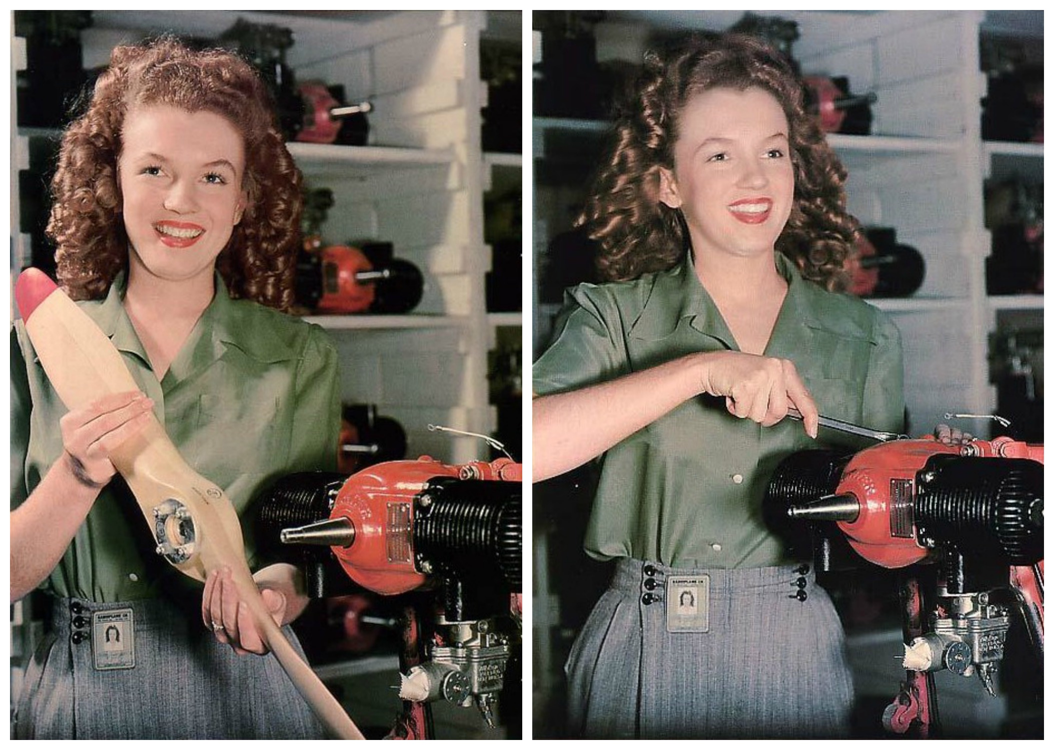 19-летняя Мэрилин Монро работает на заводе Radioplane Co в цехе по сборке беспилотных летательных аппаратов (фотография 1945 года)
