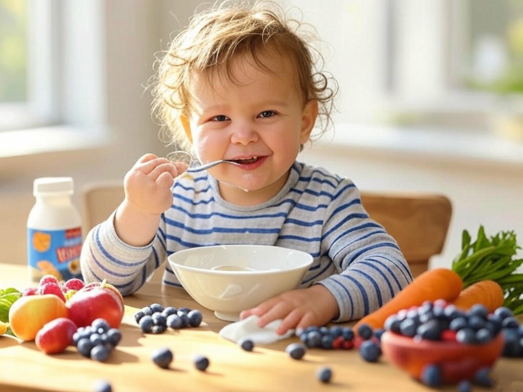 Счастливый малыш ест йогурт и ягоды