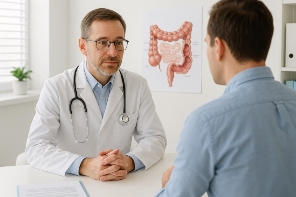 Врач-колопроктолог в кабинете проводит консультацию пациента Колоректальный рак