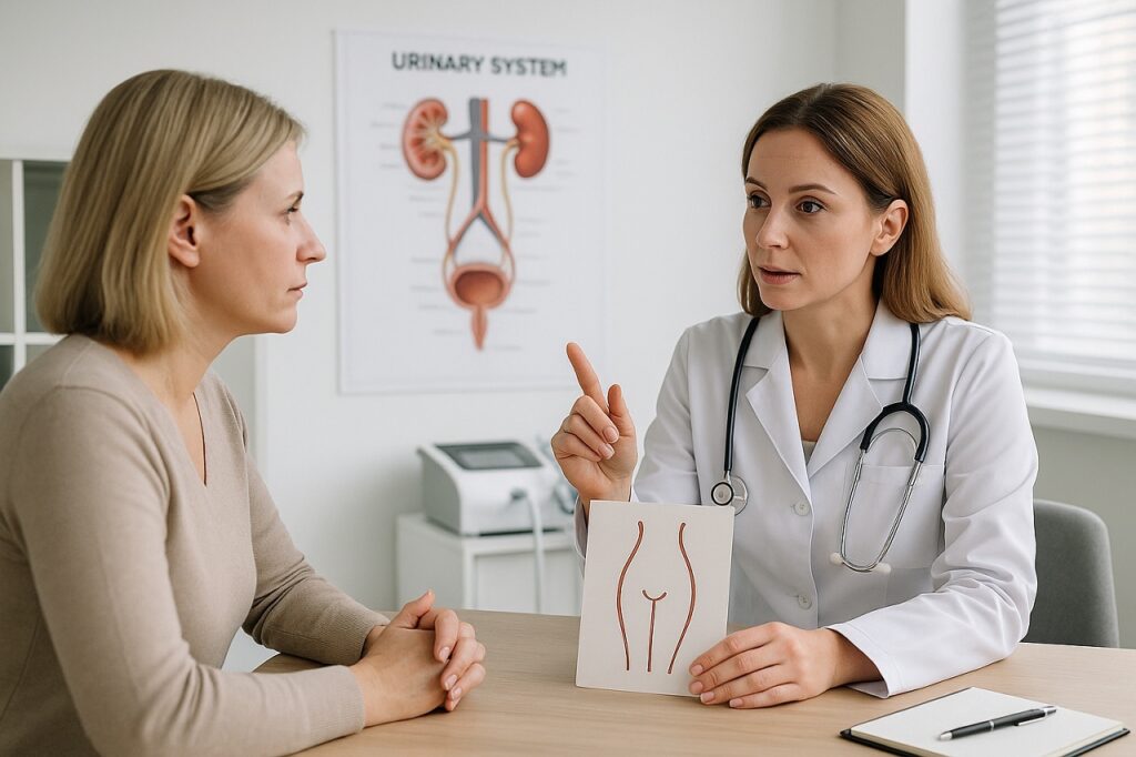 Женщина в возрасте 35-45 лет в кабинете врача-уролога. Врач женщина объясняет пациентке причины недолеченного цистита