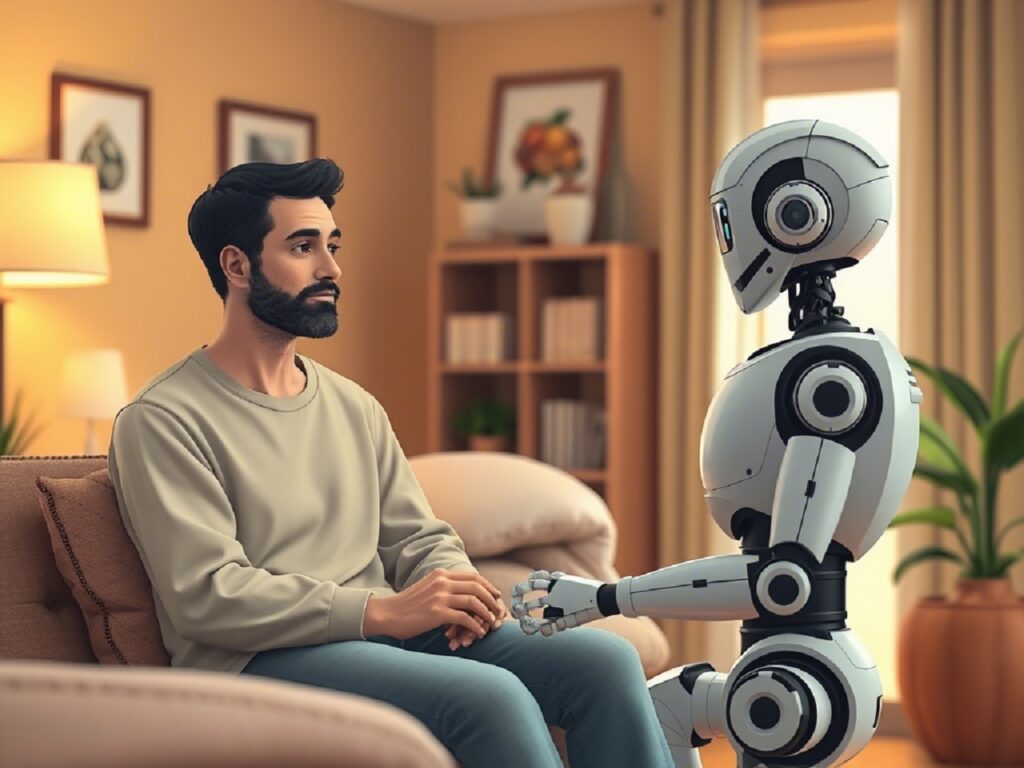 Пациент на сеансе психотерапии разговаривает с роботом-терапевтом