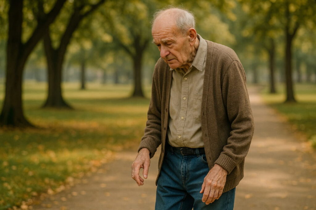 Пожилой мужчина в парке Болезнь Паркинсона