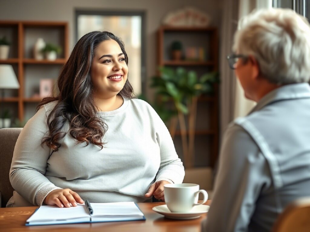 Полная женщина на консультации у психолога в уютном светлом кабинете