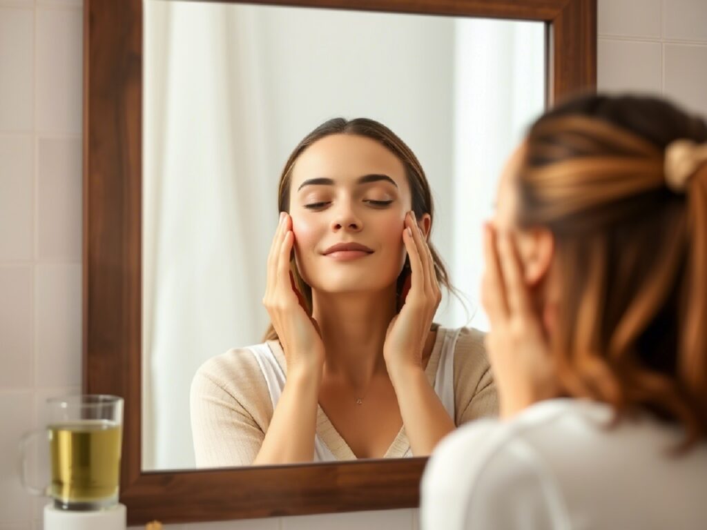 Женщина делает лимфодренажный массаж лица у зеркала Кортизоловое лицо