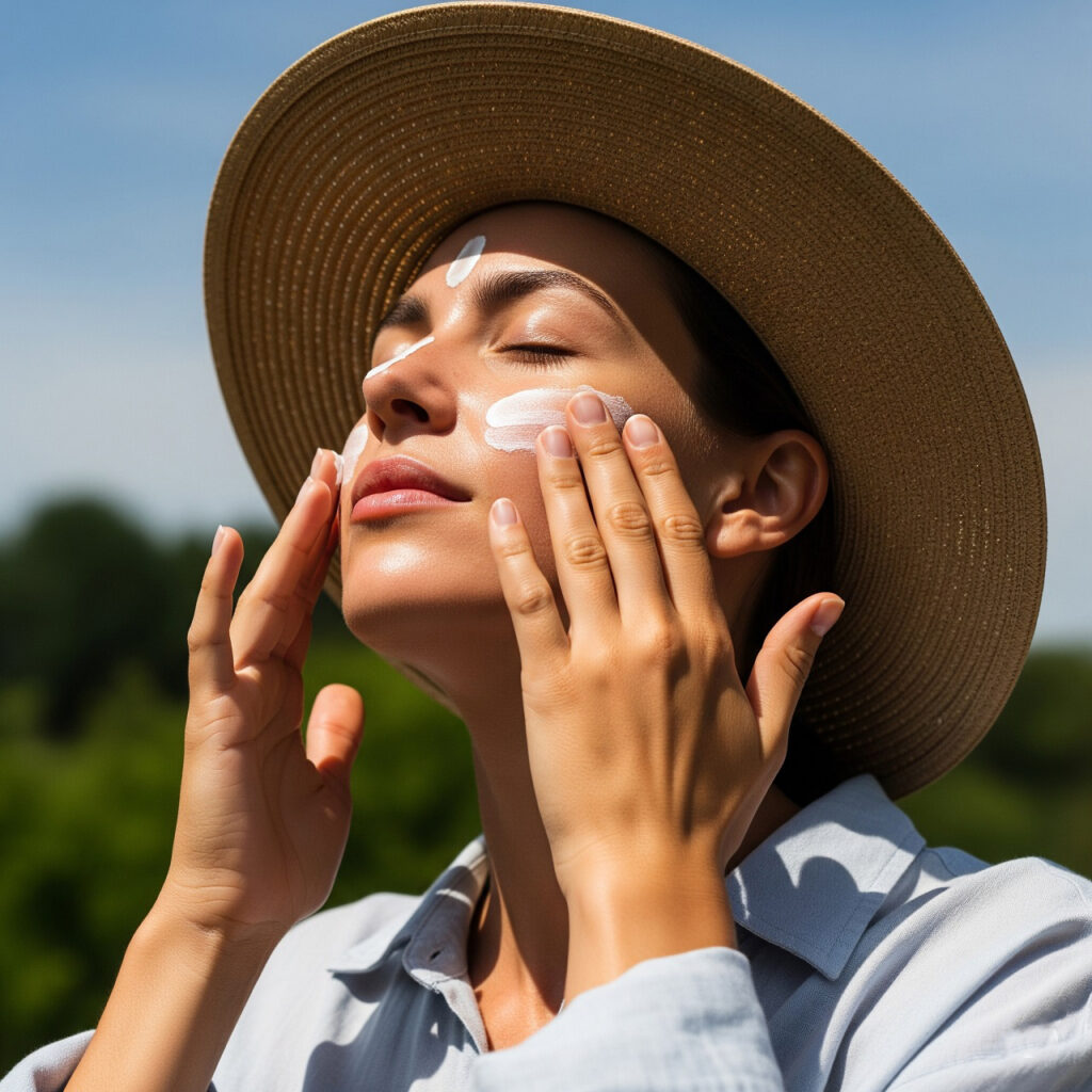 Женщина наносит солнцезащитный крем на лицо на фоне яркого летнего дня