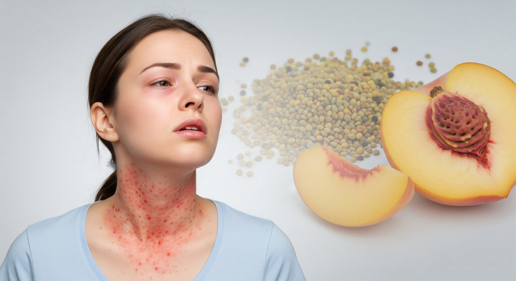 Женщина с аллергической сыпью и отёком лица на фоне изображений пыльцы, фруктов
