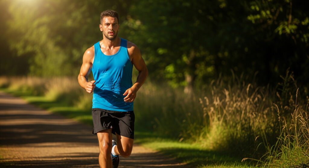 Летняя тренировка на открытом воздухе, мужчина бежит в спортивной форме по тропинке Бег Тренировки в жару