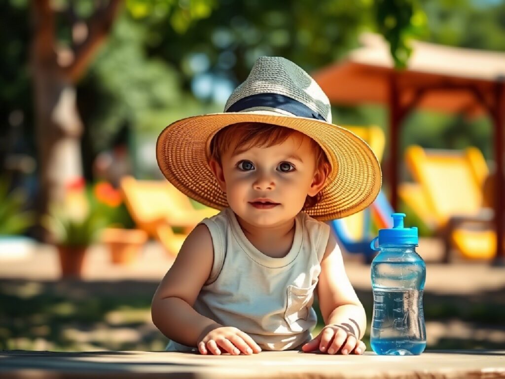 Маленький ребёнок в панамке играет в тени на летней прогулке