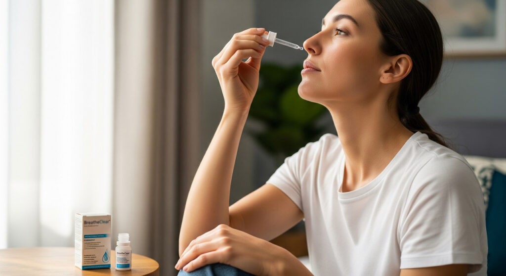Молодая женщина в светлой одежде закапывает капли в нос при аллергии