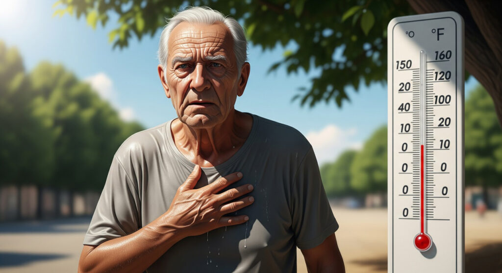 Пожилой мужчина с рукой на груди в жаркий солнечный день, стоит в тени