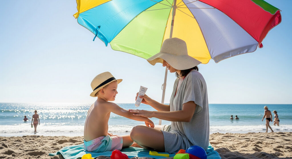 Ребёнок в панамке на пляже под зонтиком, мама наносит солнцезащитный крем
