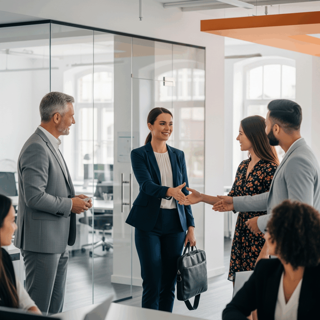 Современный офис, молодой сотрудник на первом рабочем дне, здоровается с коллегами