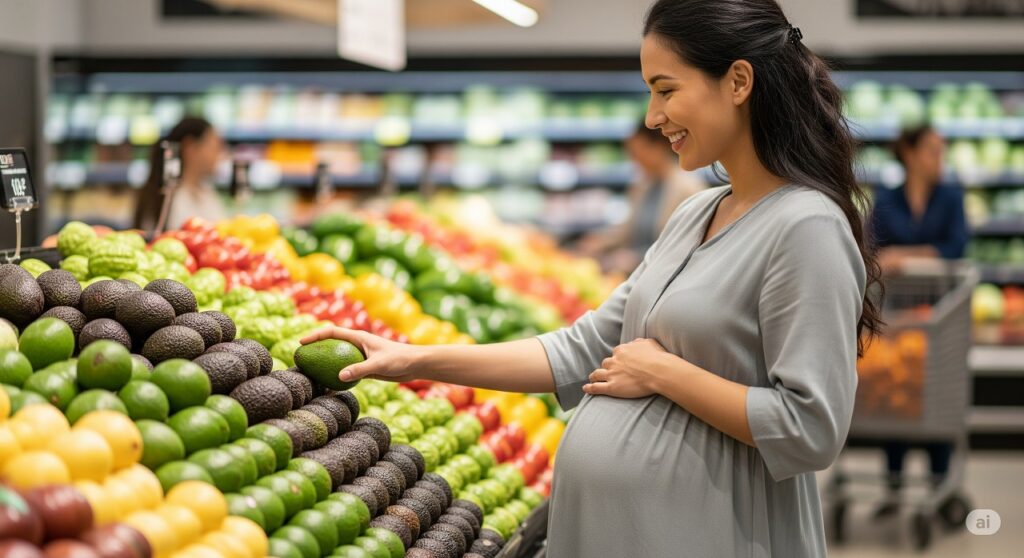 Беременная женщина выбирает свежие овощи и фрукты, здоровое питание