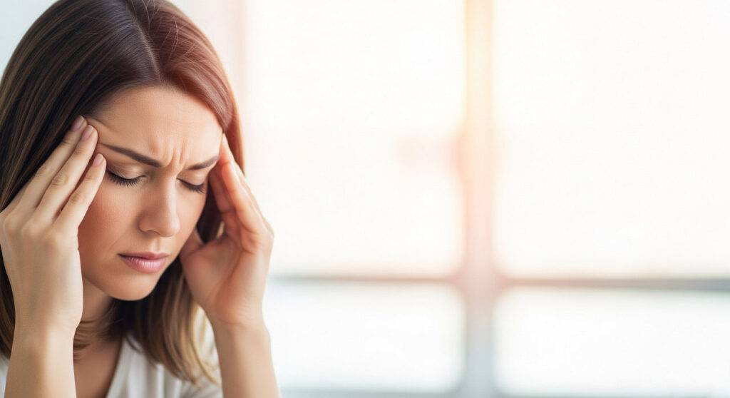 Женщина держится за голову от боли при мигрени
