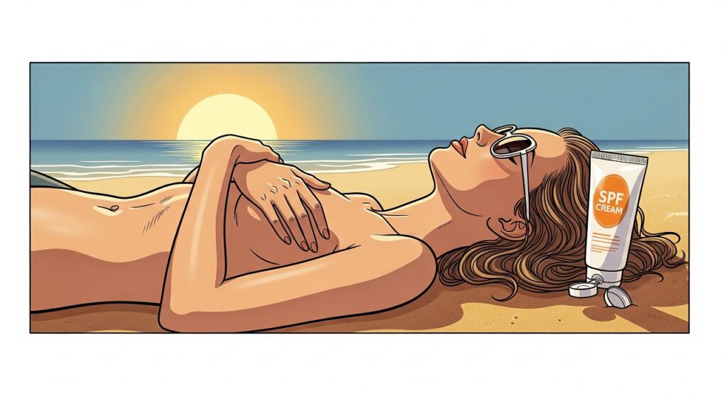 Женщина на пляже лежит под солнцем, загорает топлес