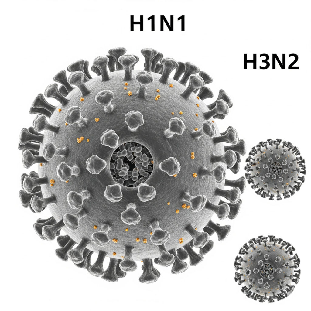 Иллюстрация вируса гриппа H1N1 и H3N2 в виде сферических вирусных частиц с шипами