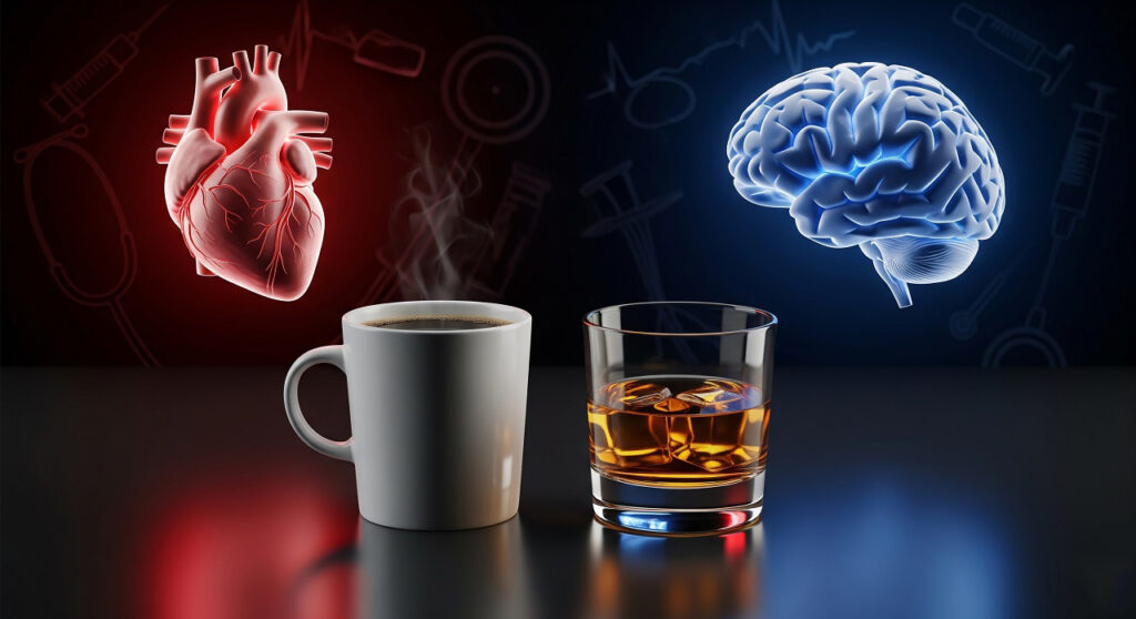 Кружка кофе и бокал алкоголя