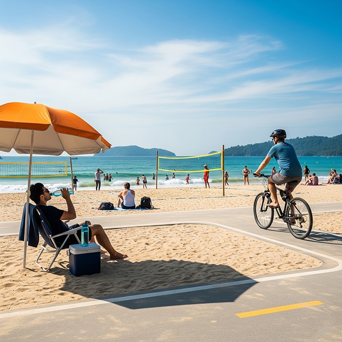 Летний пляж, люди отдыхают под солнцем, один человек пьет воду в тени, другой катается на велосипеде