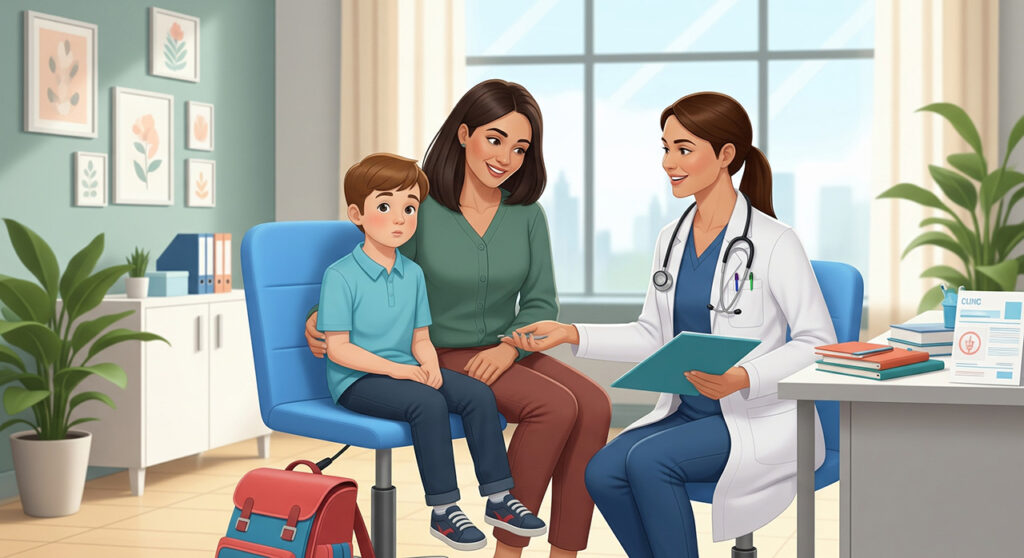 Мама с одним ребенком в поликлинике проходит медосмотр перед школой