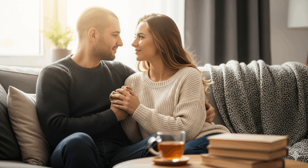 Пара в уютной обстановке, эмоциональная близость и доверие, интимные отношения