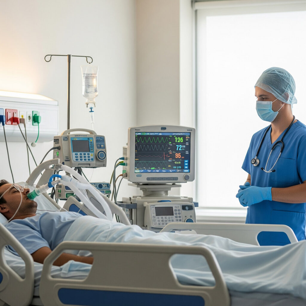 Пациент на ИВЛ в палате интенсивной терапии