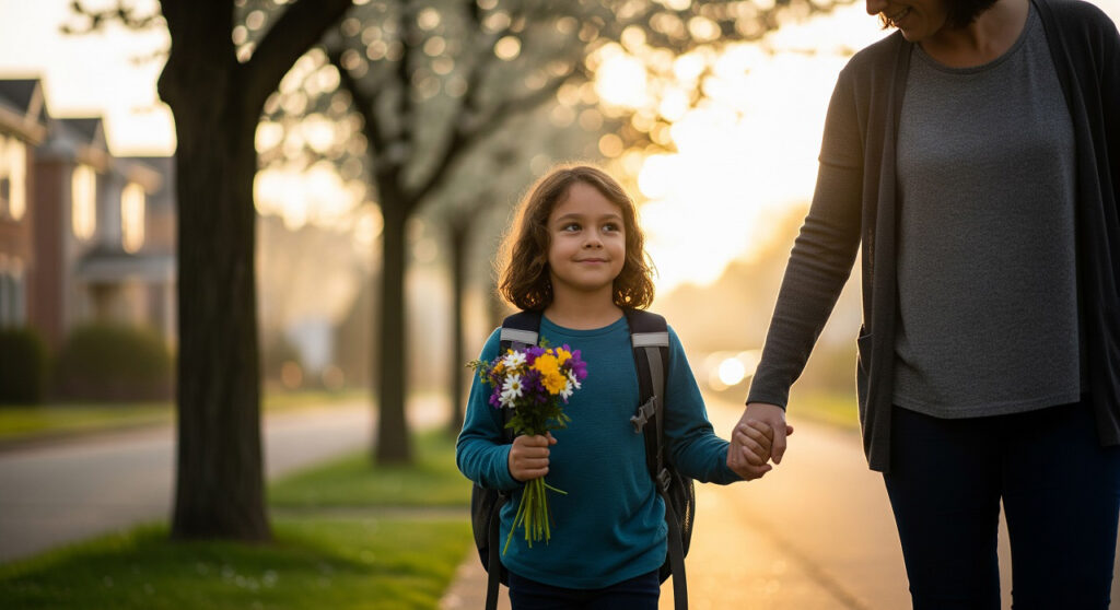 Первоклассник идёт в школу с рюкзаком, держит за руку родителя,