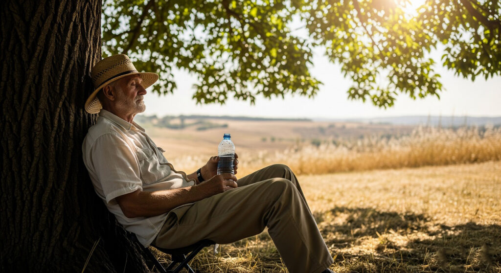Пожилой мужчина в светлой одежде и шляпе отдыхает в тени дерева, держит бутылку воды
