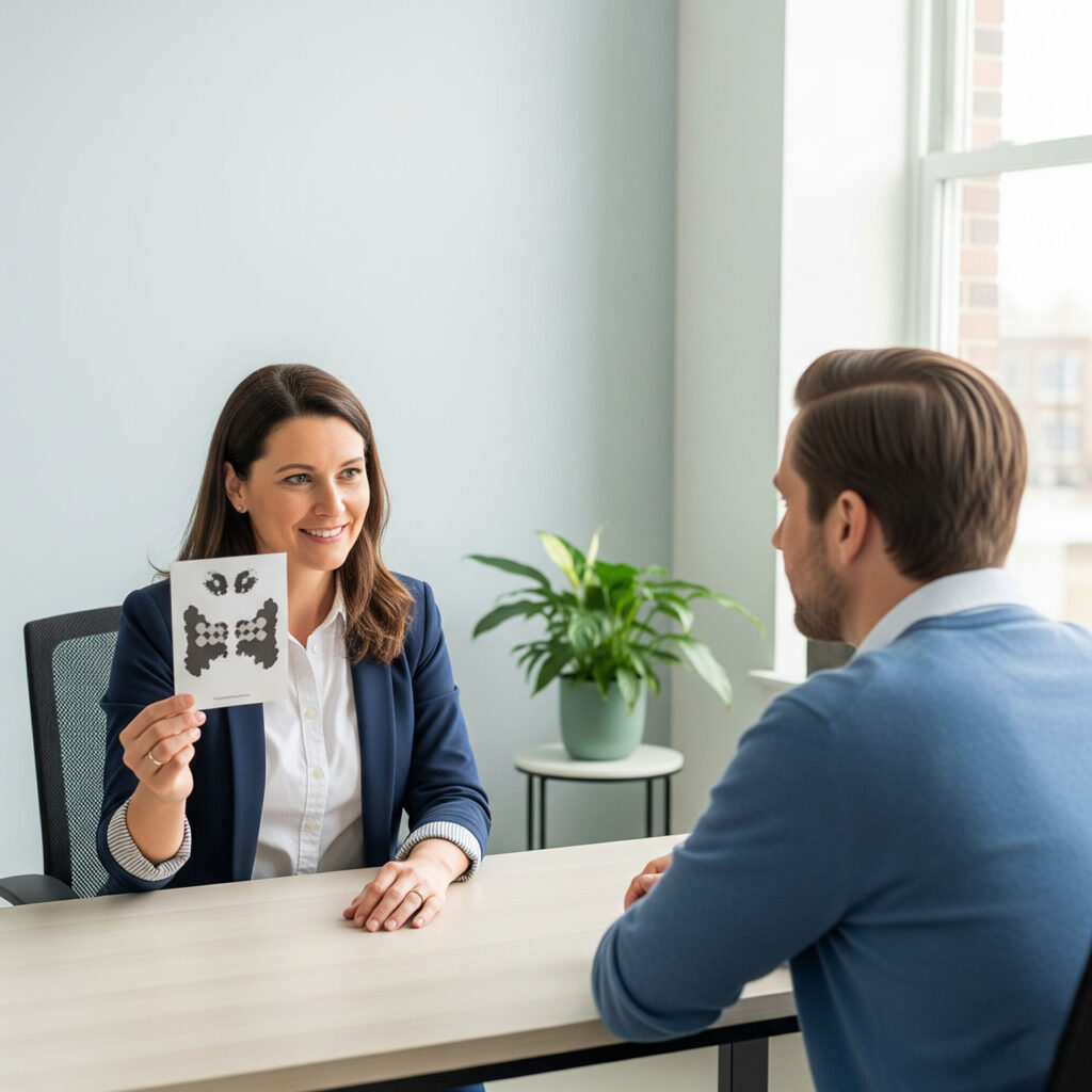 Психолог в кабинете показывает пациенту тест Роршаха