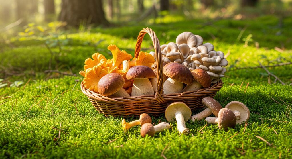 Разные съедобные лесные грибы в корзине на фоне природы