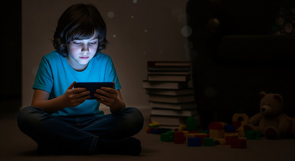 Ребёнок сидит в тёмной комнате перед ярким экраном смартфона