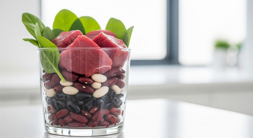 Стакан с продуктами, богатыми железом: красное мясо, бобовые, шпинат