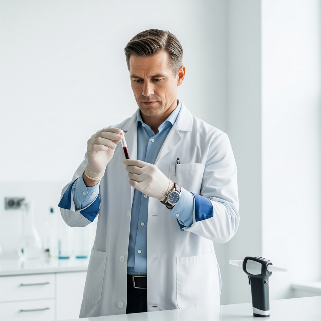 Судебно-медицинский эксперт держит пробирку с анализом крови и рядом стоит алкотестер