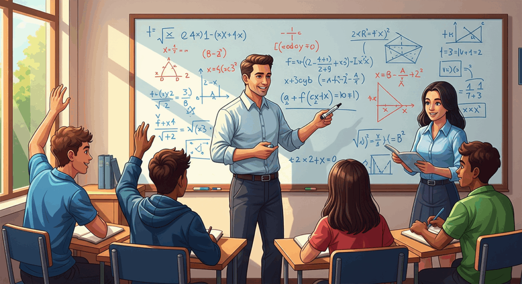Учитель математики объясняет задачу школьникам у доски с формулами