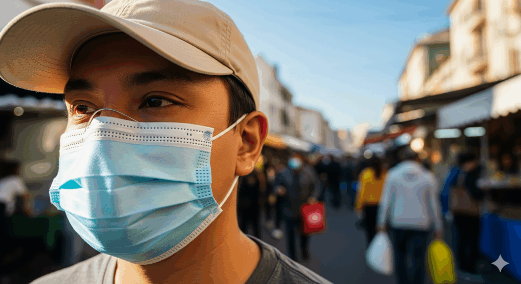 Человек в медицинской маске на улице