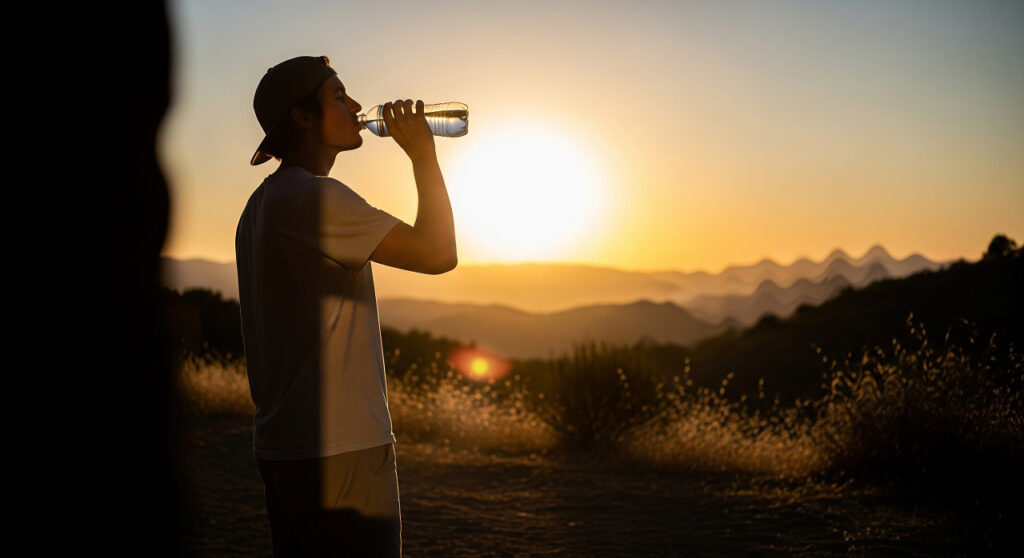 Человек пьёт воду из бутылки на фоне яркого летнего солнца