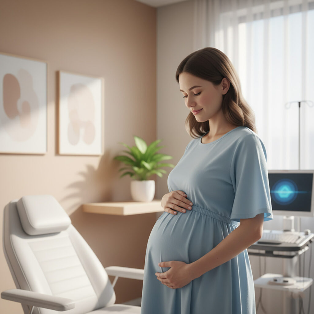 Беременная женщина держит руки на животе Тонус матки при беременности