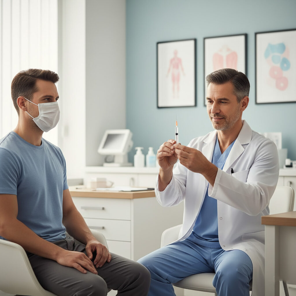 Врач готовит шприц с вакциной против гриппа