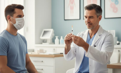 Врач готовит шприц с вакциной против гриппа