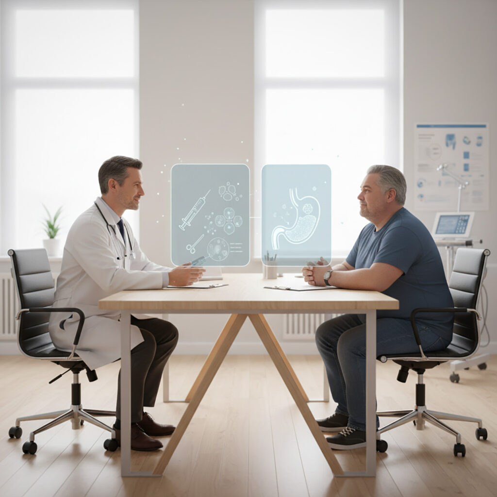 Врач консультирует пациента с ожирением, на столе схемы с вариантами лечения — инъекции и хирургия