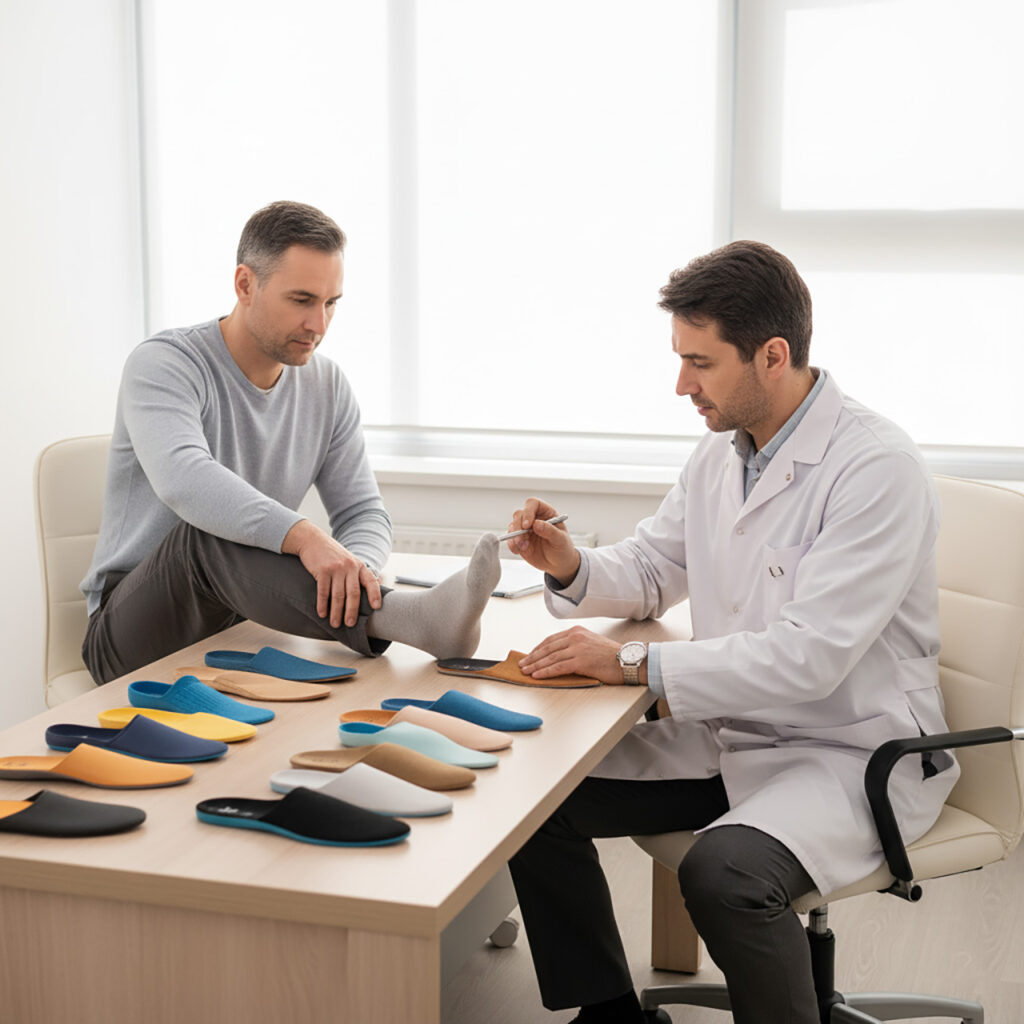 Врач-ортопед показывает пациенту правильный подбор ортопедических стелек