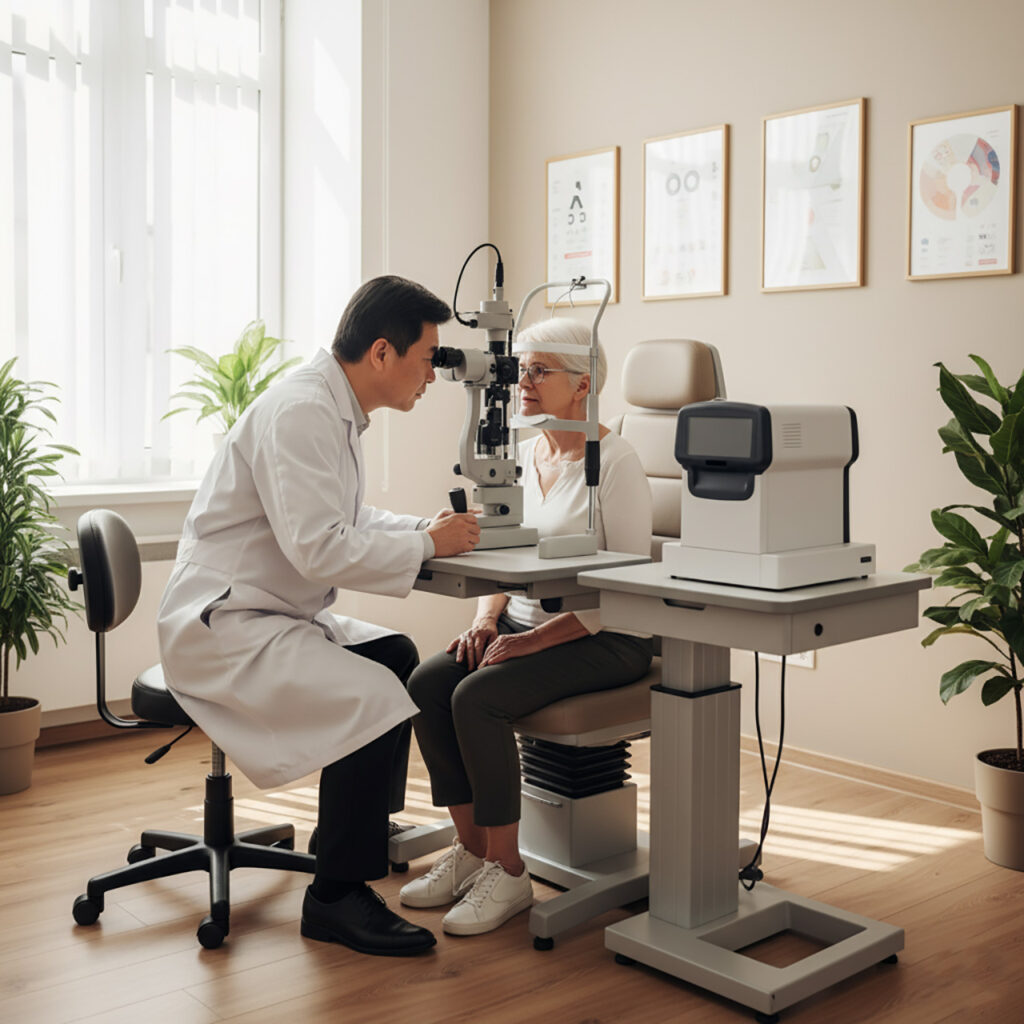 Врач-офтальмолог обследует пожилого пациента Глаукома и катаракта