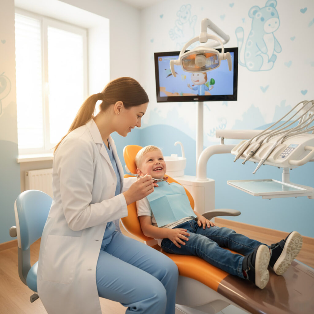 Детский стоматолог осматривает маленького пациента