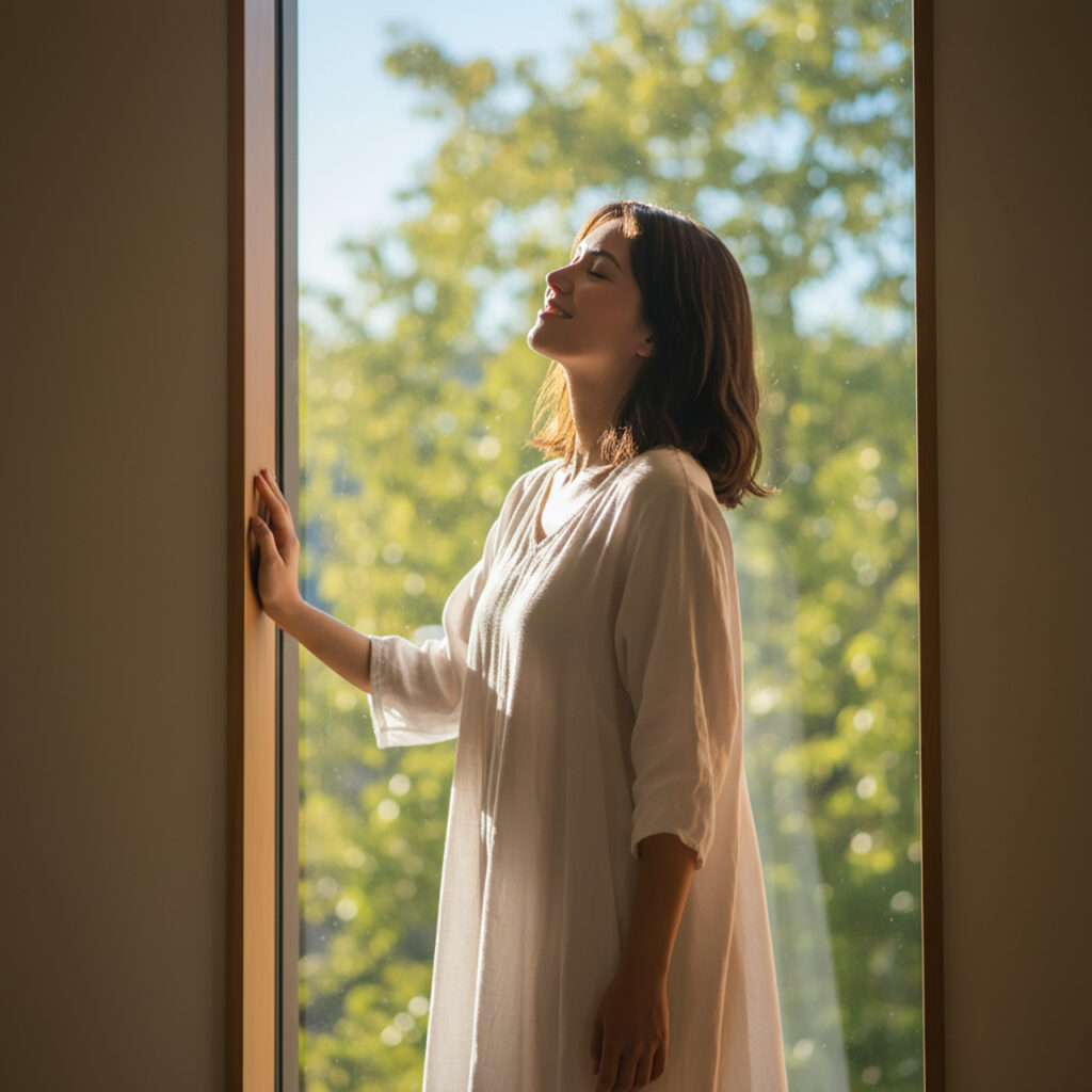 Женщина в свободной одежде стоит у окна и улыбается, наслаждаясь моментом