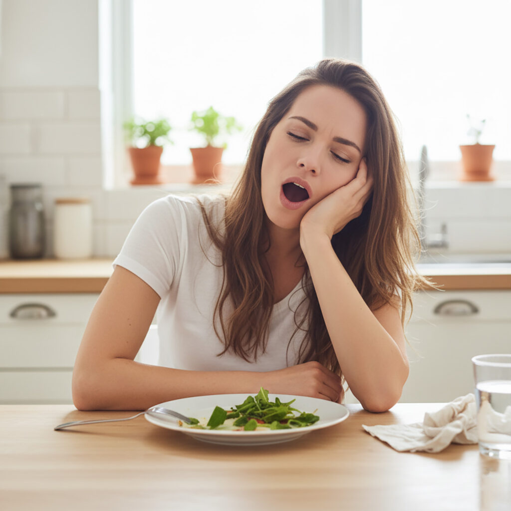 Женщина после обеда сидит за столом и зевает, облокотившись на руку, у нее послеобеденная сонливость