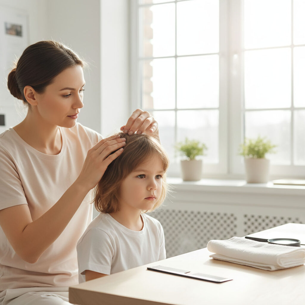 Мама осматривает волосы ребёнка при ярком дневном свете Педикулез Вши