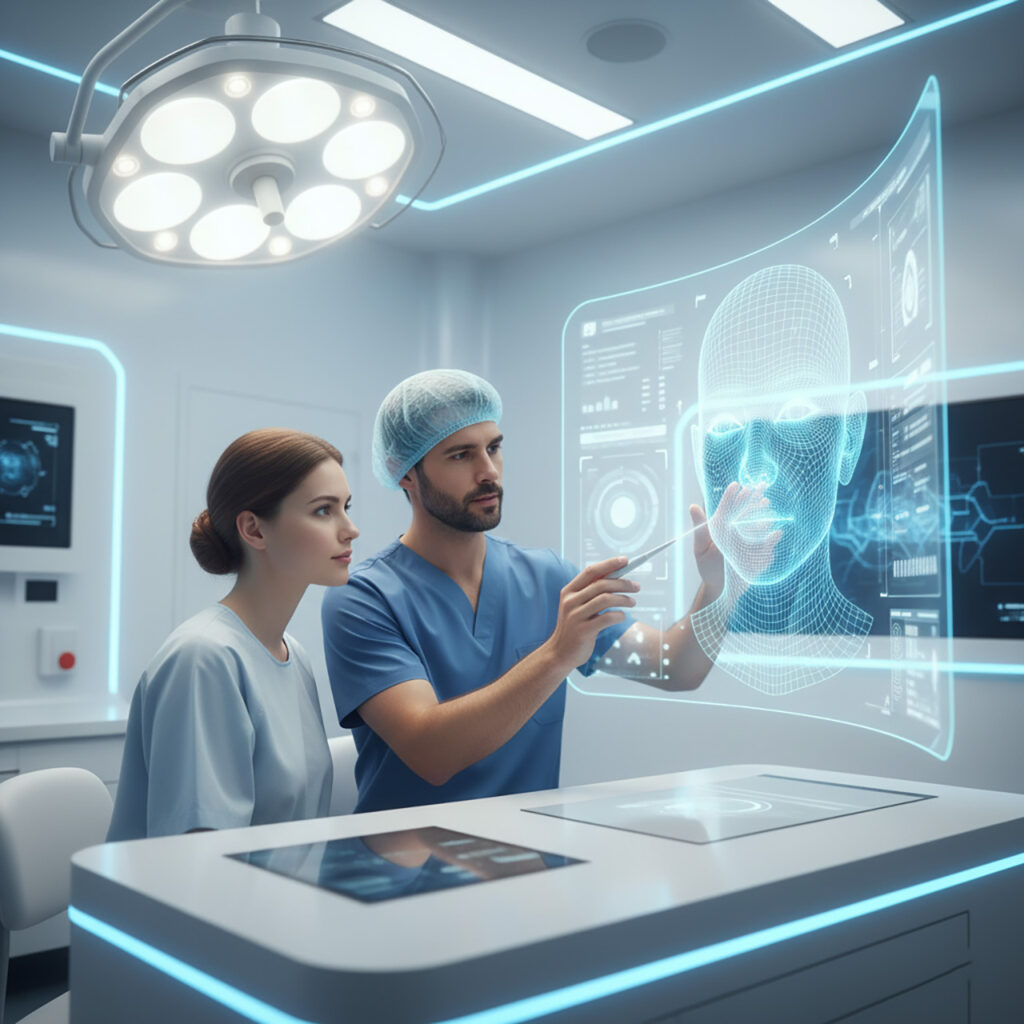 Пластический хирург и пациент обсуждают результаты на цифровой 3D-модели лица