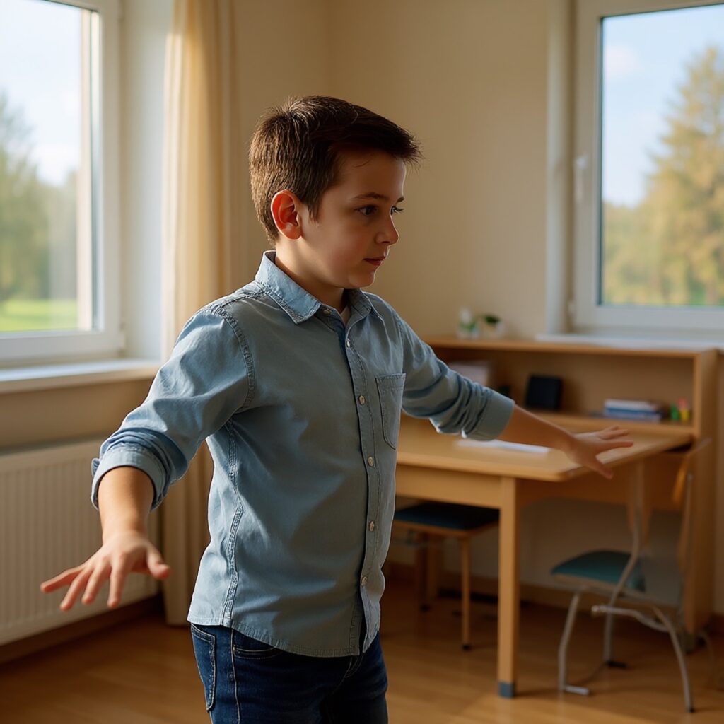 Ребёнок делает утреннюю зарядку дома у окна