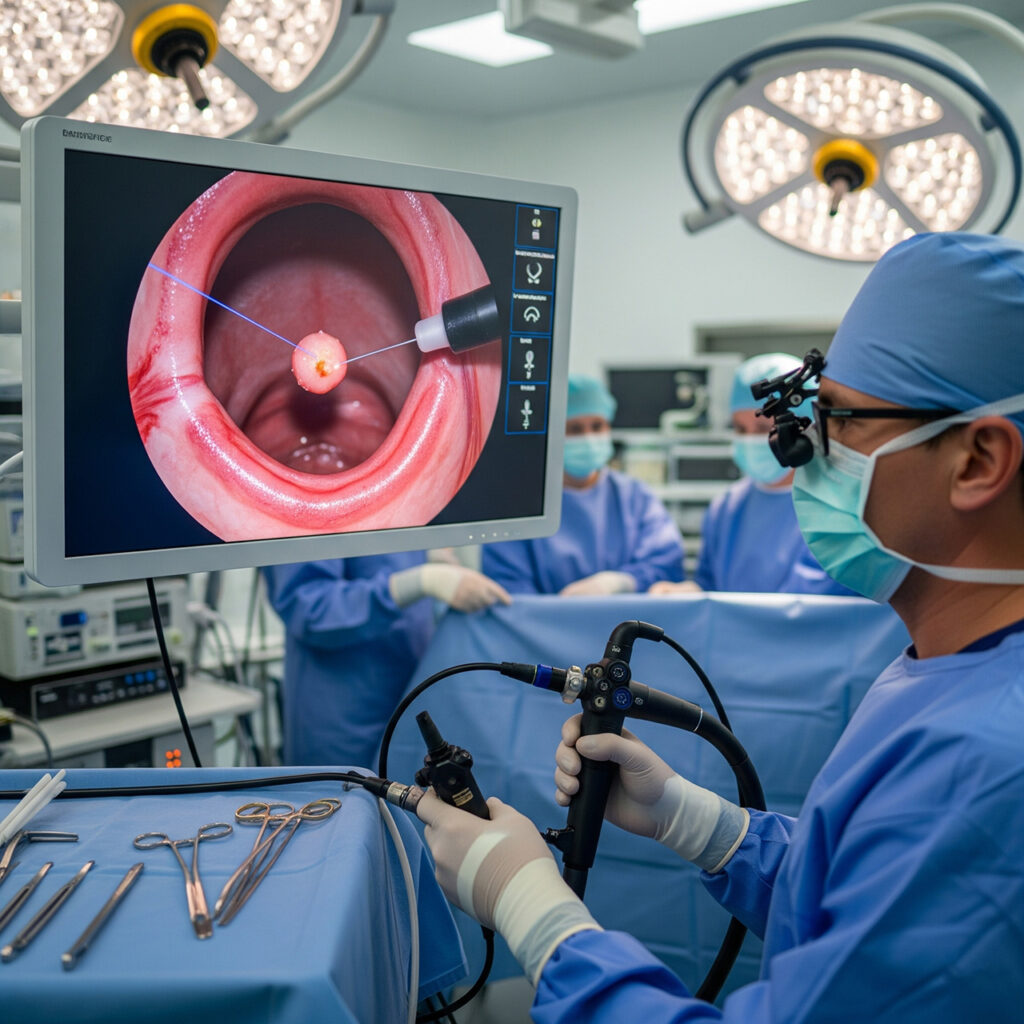 Современная операционная, хирург использует лазерное оборудование для удаления опухоли гортани